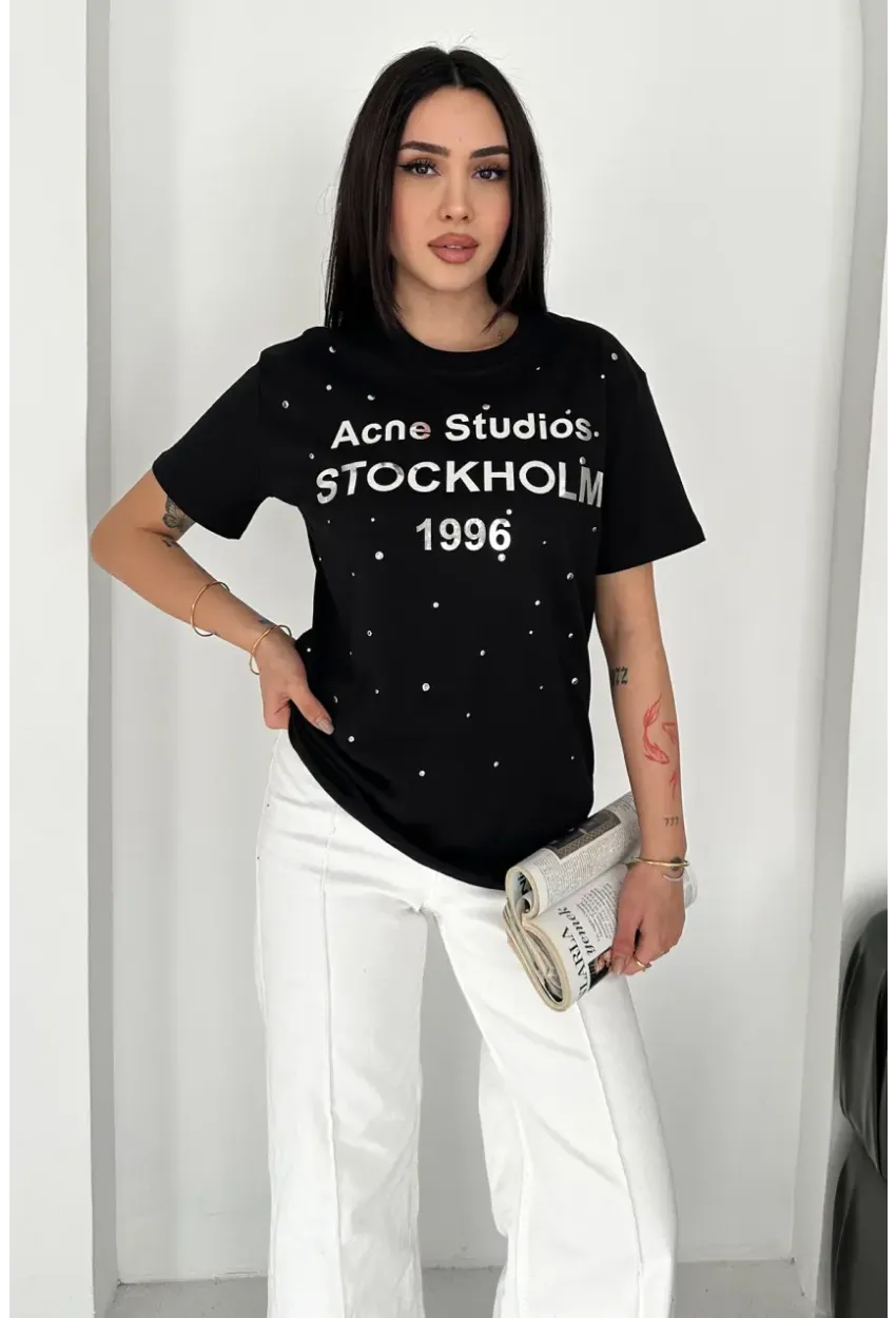 Taş Detaylı Yazılı Tişört Siyah