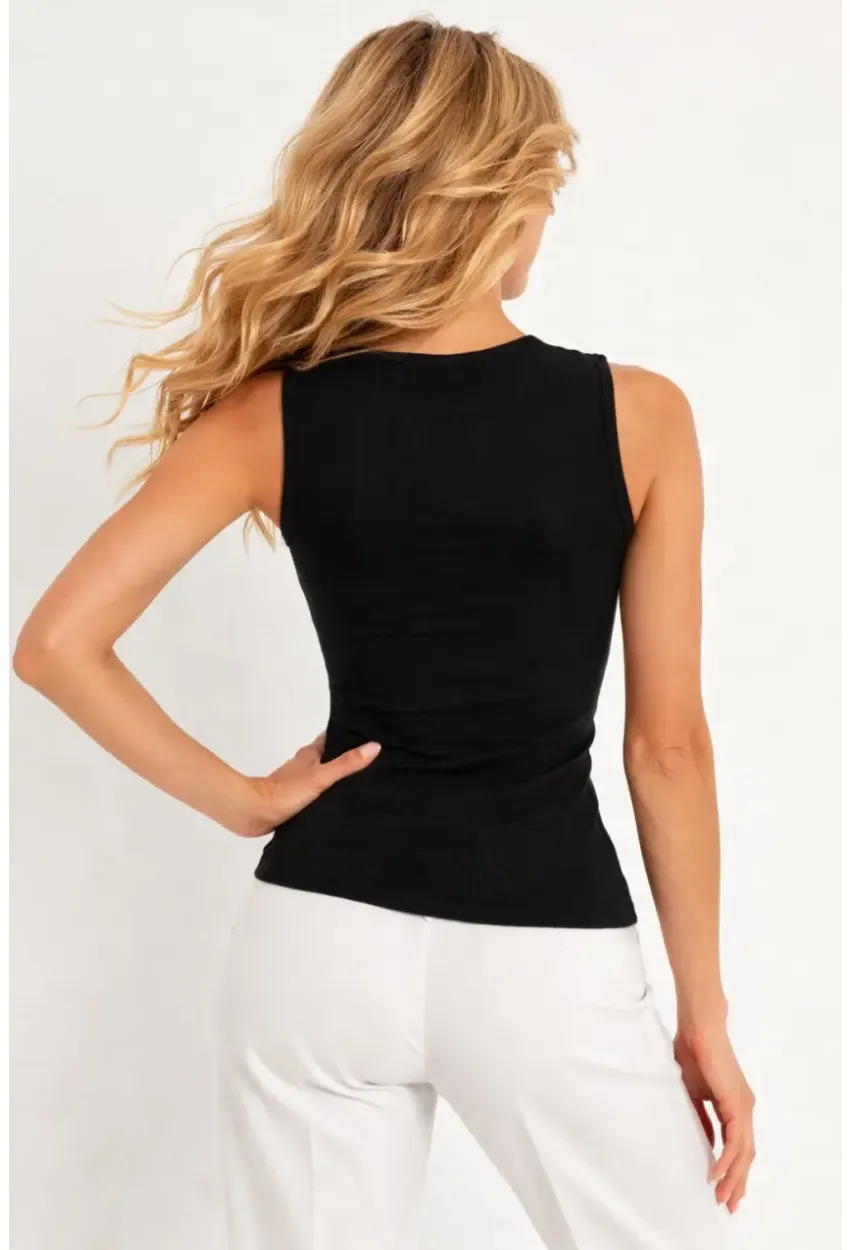 Kadın Kolsuz Yaka Dantel Detay Siyah Bluz