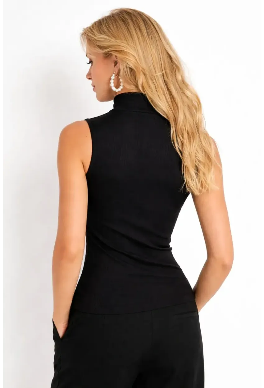 Kadın Yaka Fermuar Detay Kolsuz Siyah Bluz