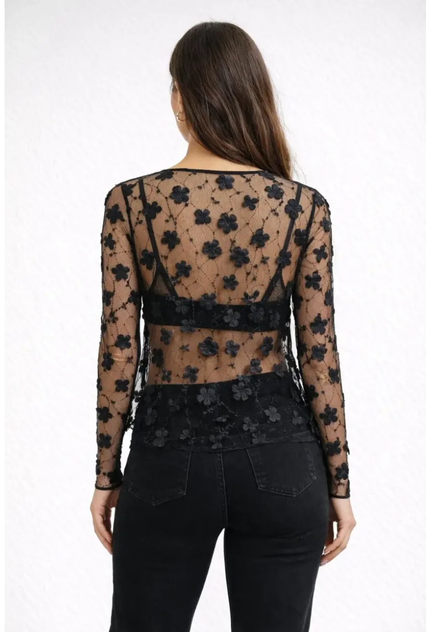 Siyah Transparan Çiçek Aplikeli Bluz