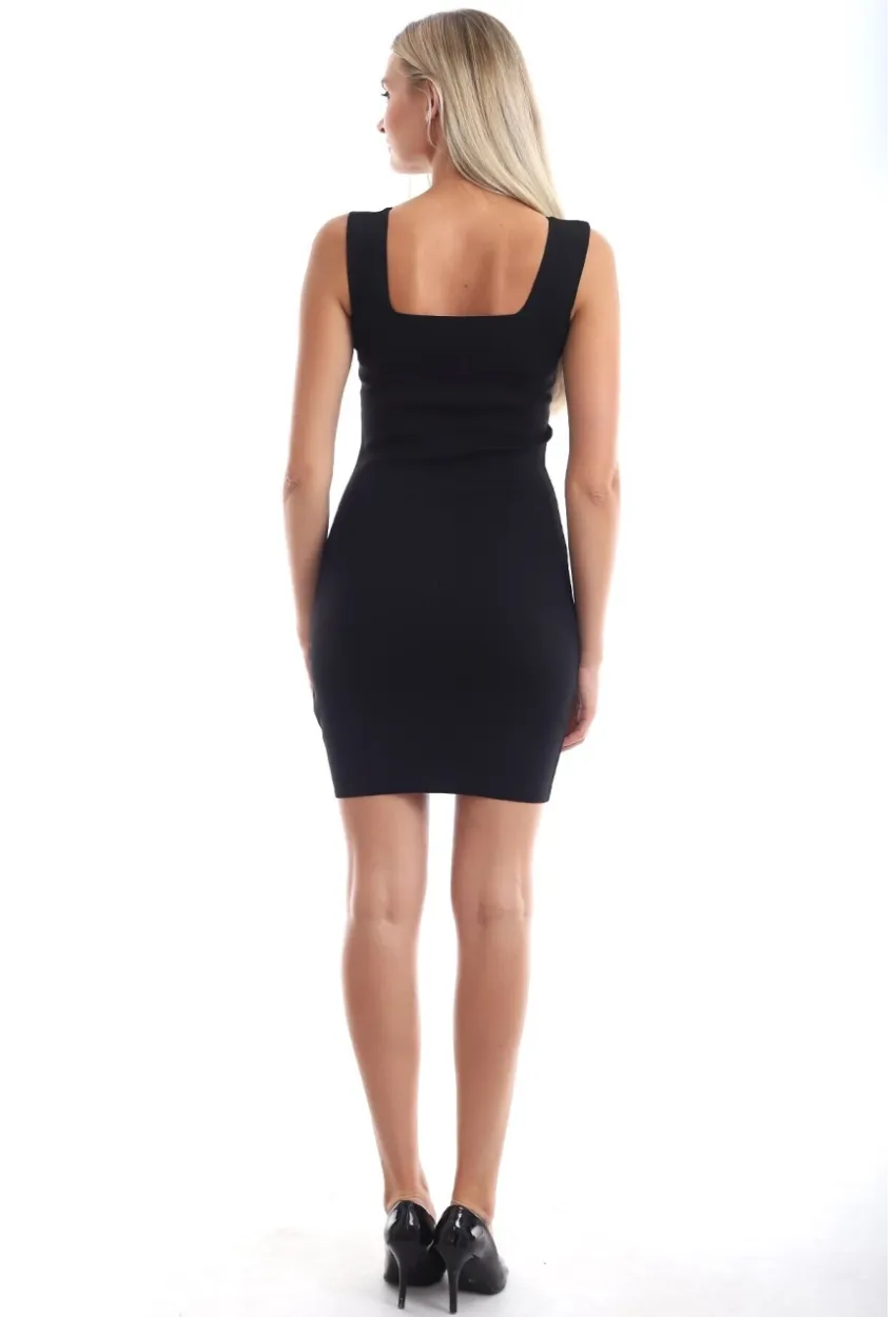 Triko Kare Yaka Kolsuz Elbise Siyah