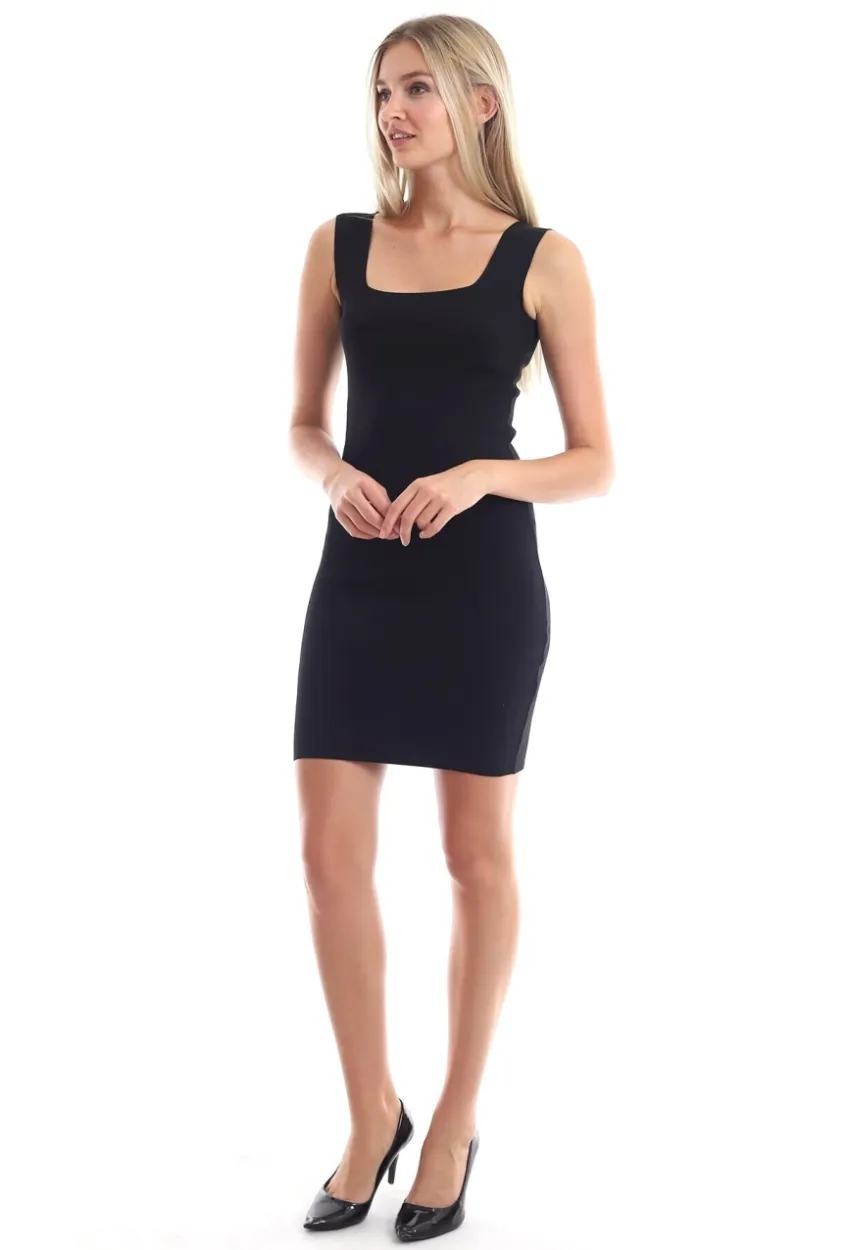 Triko Kare Yaka Kolsuz Elbise Siyah