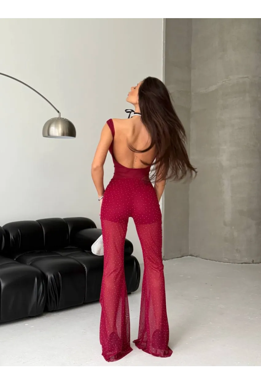 Tül Taşlı Kolsuz Tulum Bordo