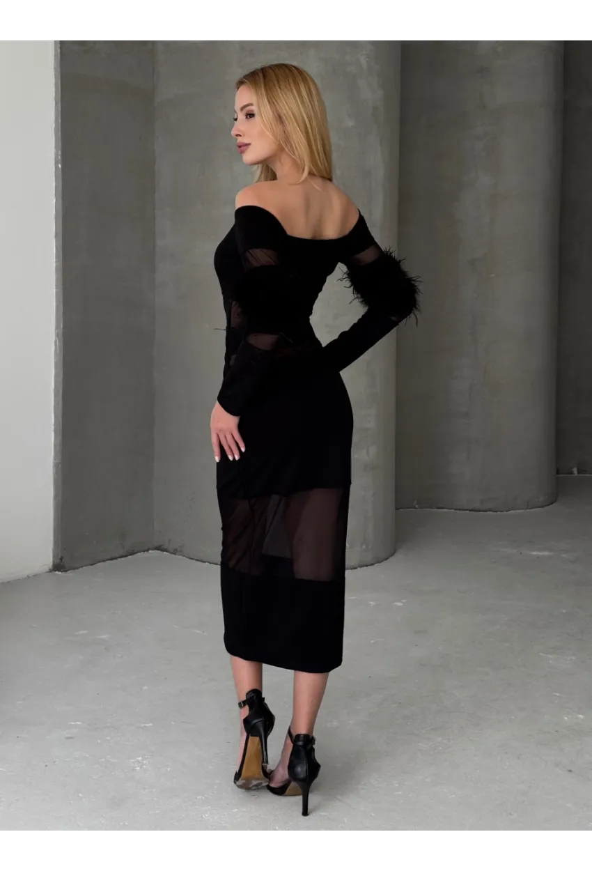 Tüy Detaylı Full Likralı Midi Boy Elbise