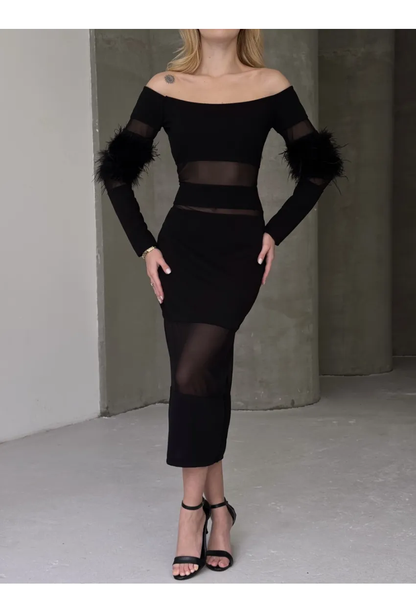 Tüy Detaylı Full Likralı Midi Boy Elbise