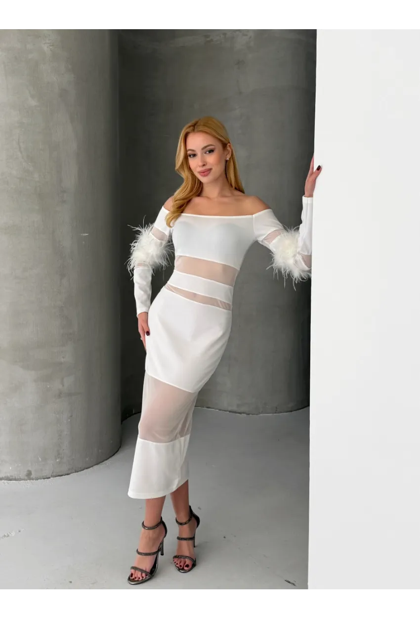 Tüy Detaylı Full Likralı Midi Boy Elbise Beyaz