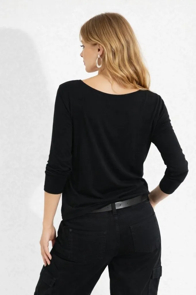 U Yaka Viskon Uzun Kollu Siyah Bluz