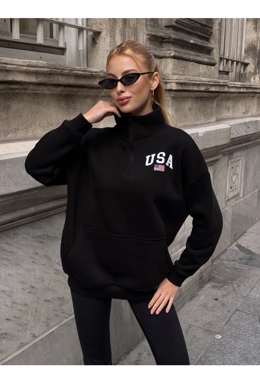 USA College Siyah Fermuarlı Oversize Sweatshirt