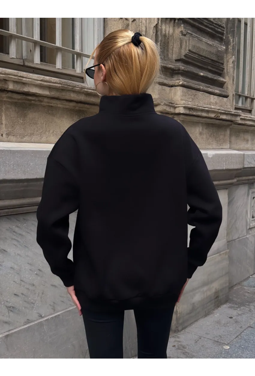 USA College Siyah Fermuarlı Oversize Sweatshirt