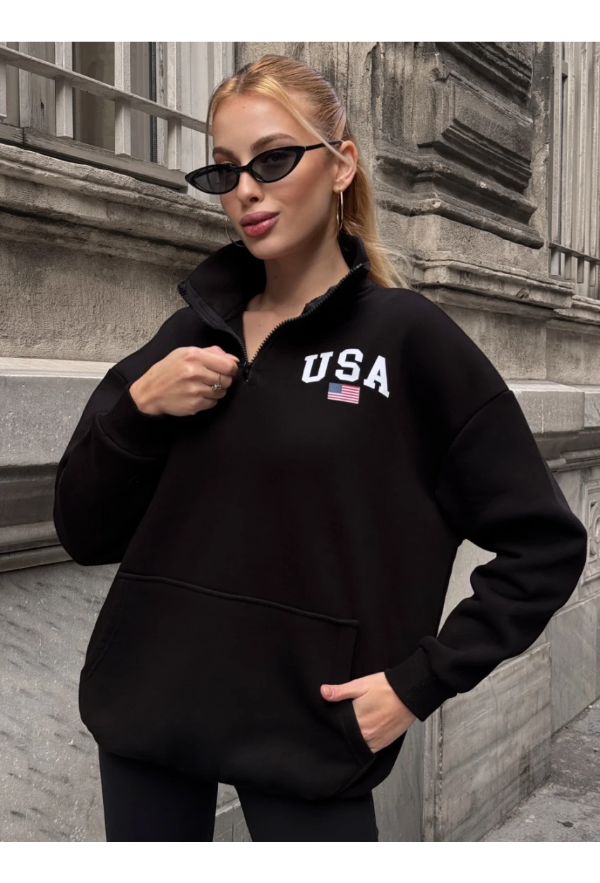 USA College Siyah Fermuarlı Oversize Sweatshirt