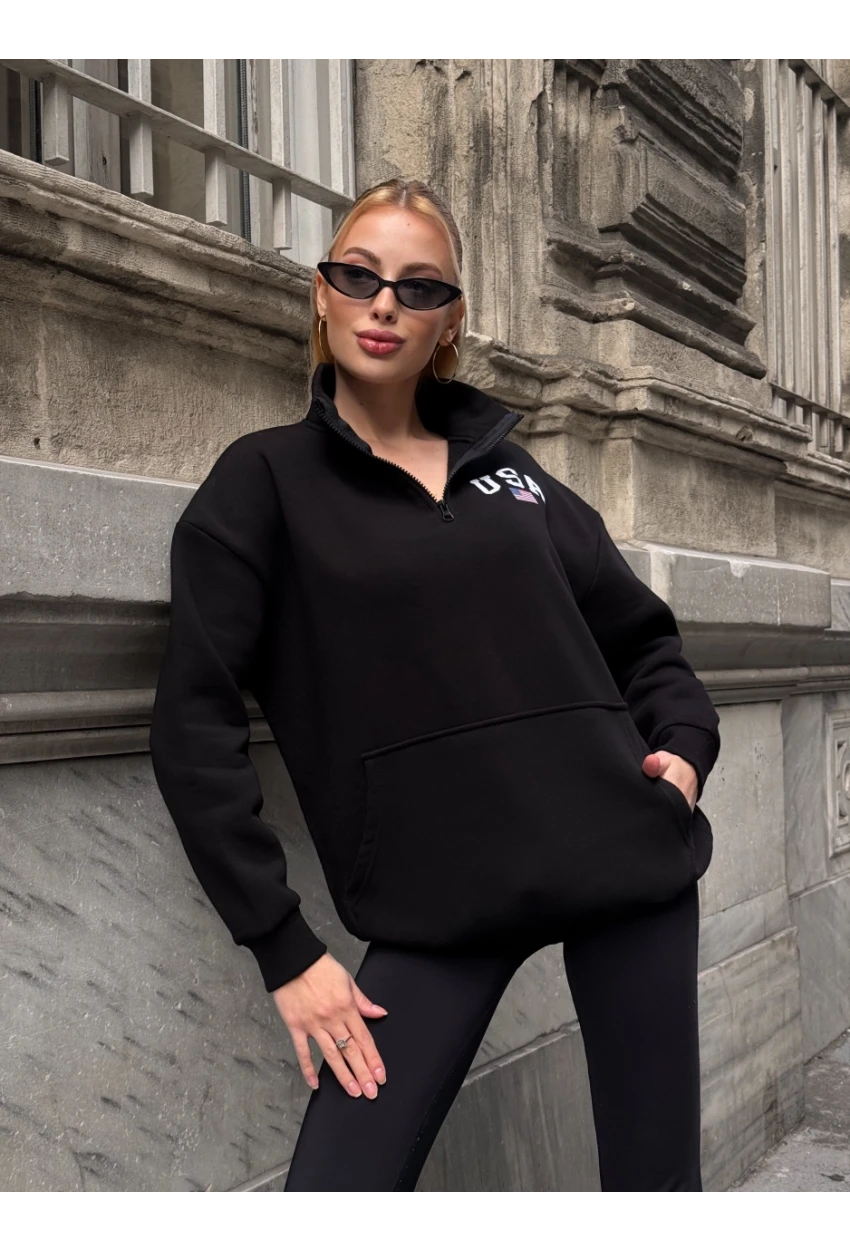 USA College Siyah Fermuarlı Oversize Sweatshirt
