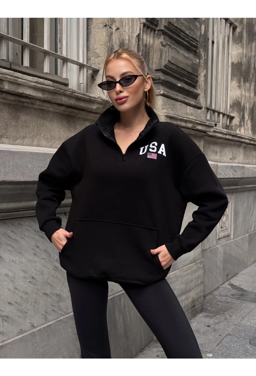 USA College Siyah Fermuarlı Oversize Sweatshirt