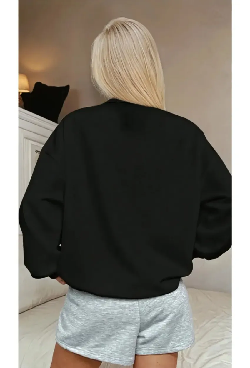 USA College Siyah Fermuarlı Oversize Sweatshirt