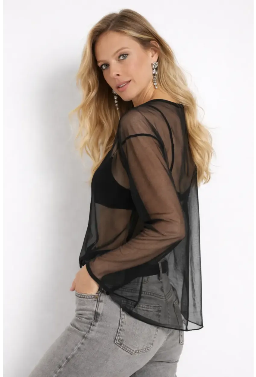Uzun Kollu Transparan Tül Bluz – Oversize Kesim Siyah Bluz