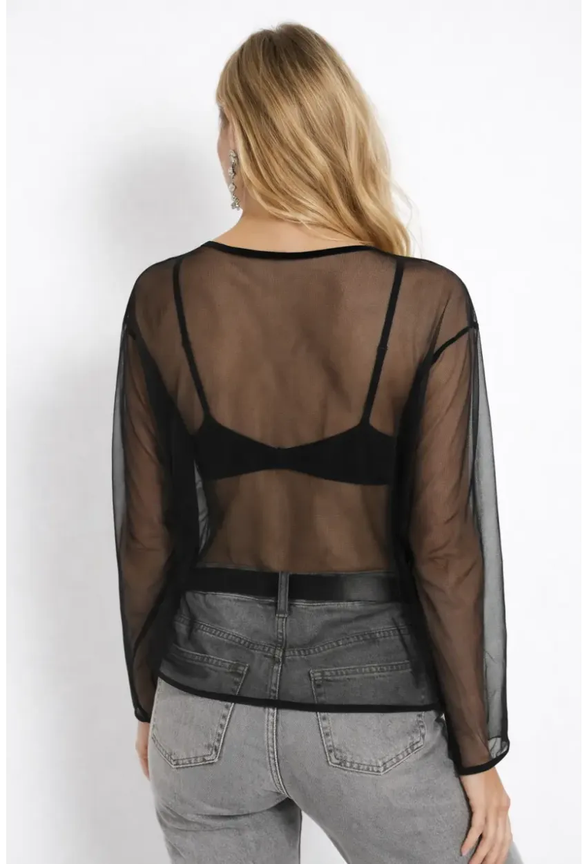 Uzun Kollu Transparan Tül Bluz – Oversize Kesim Siyah Bluz