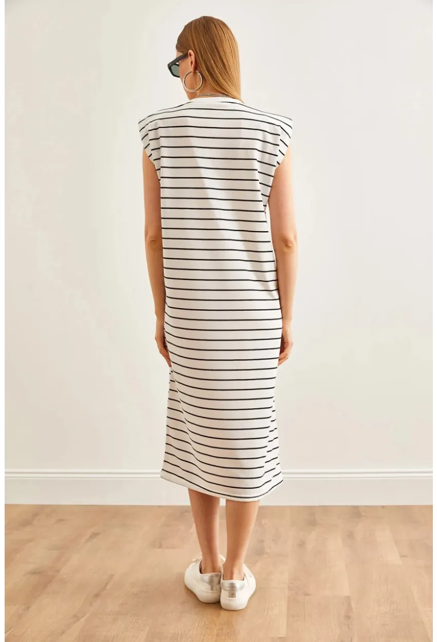 Vatkalı Çizgili Midi Elbise Beyaz