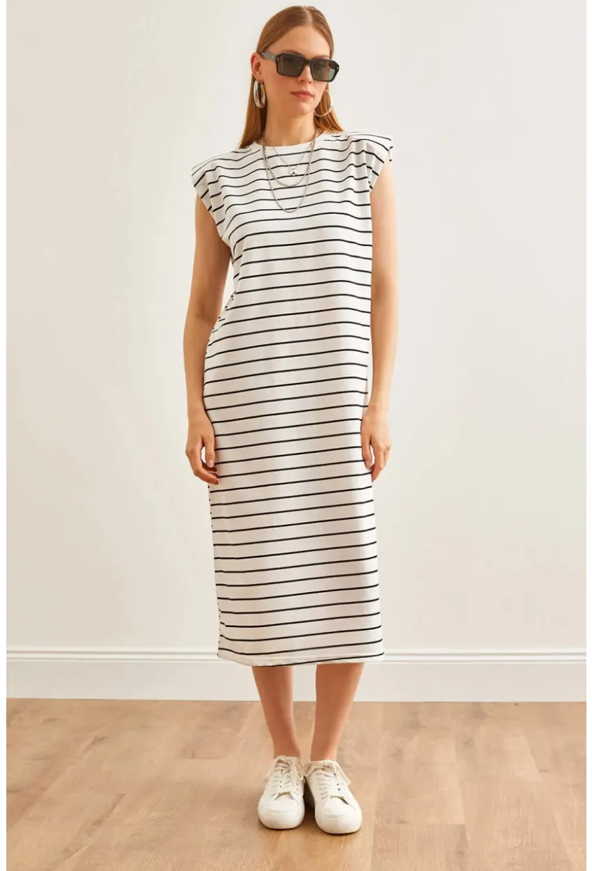 Vatkalı Çizgili Midi Elbise Beyaz