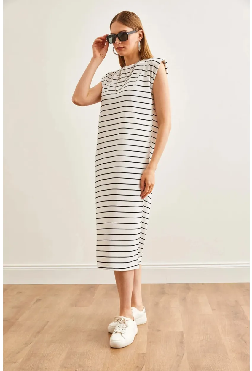 Vatkalı Çizgili Midi Elbise Beyaz