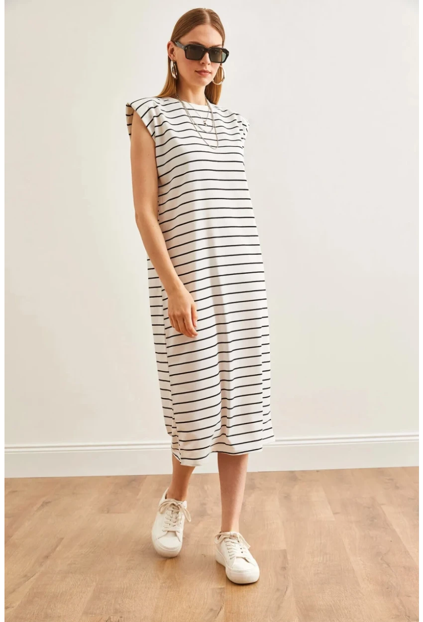 Vatkalı Çizgili Midi Elbise Beyaz