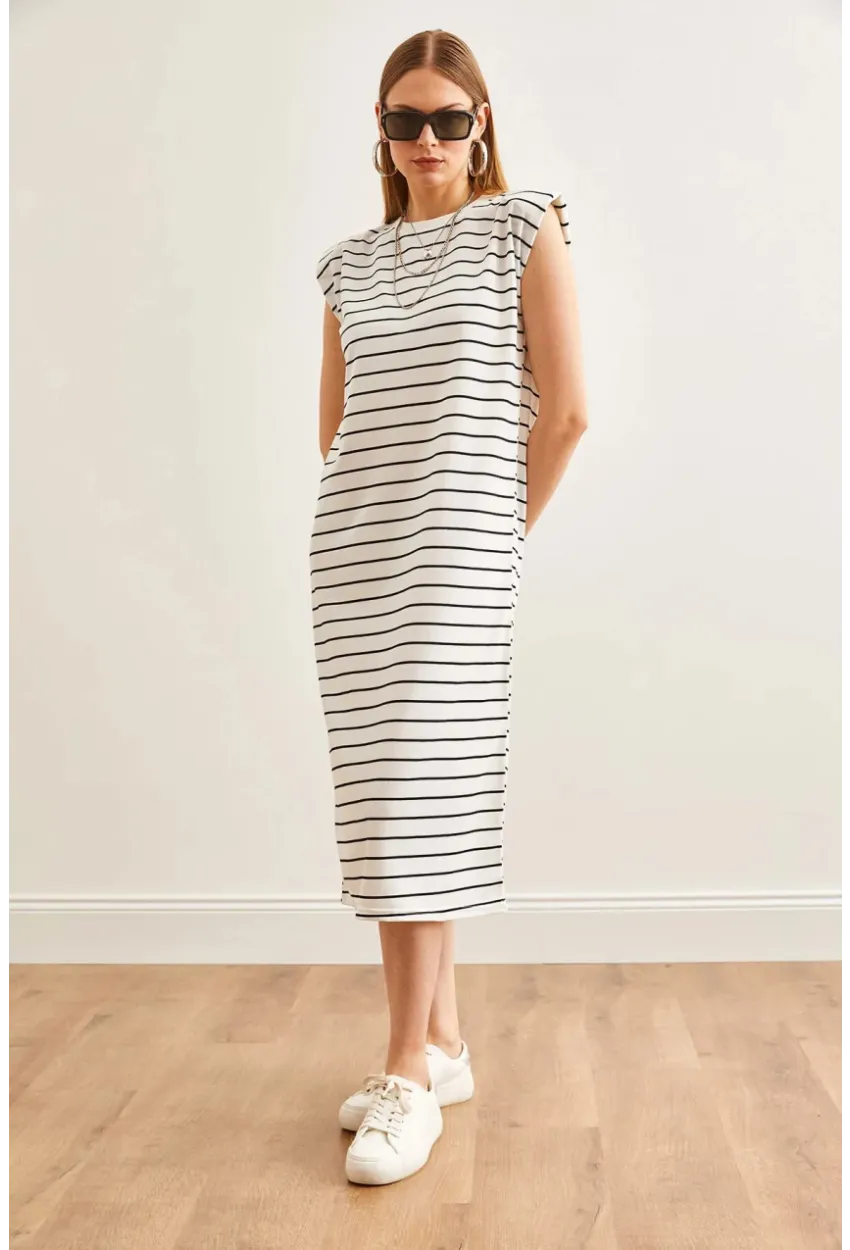 Vatkalı Çizgili Midi Elbise Beyaz