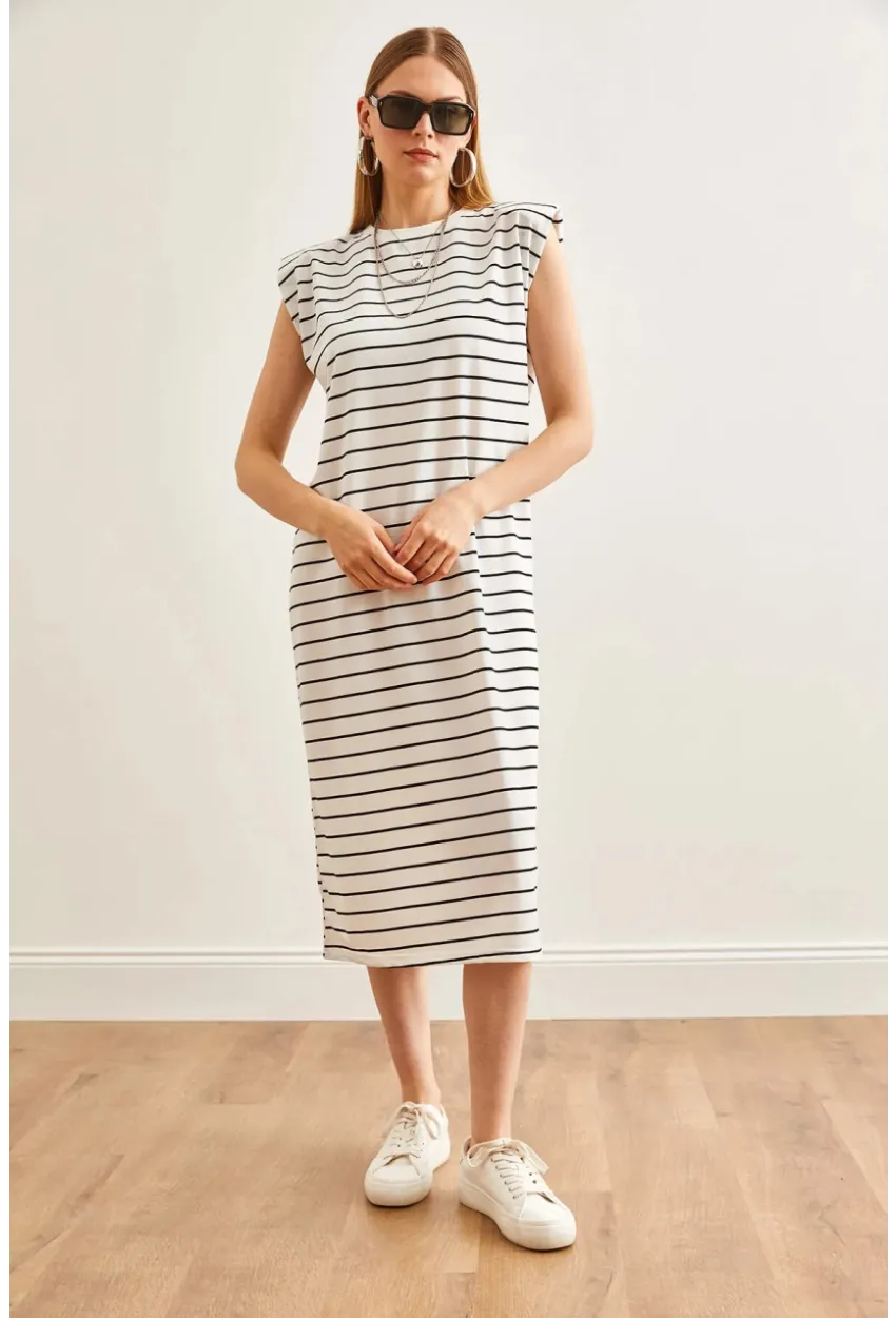 Vatkalı Çizgili Midi Elbise Beyaz