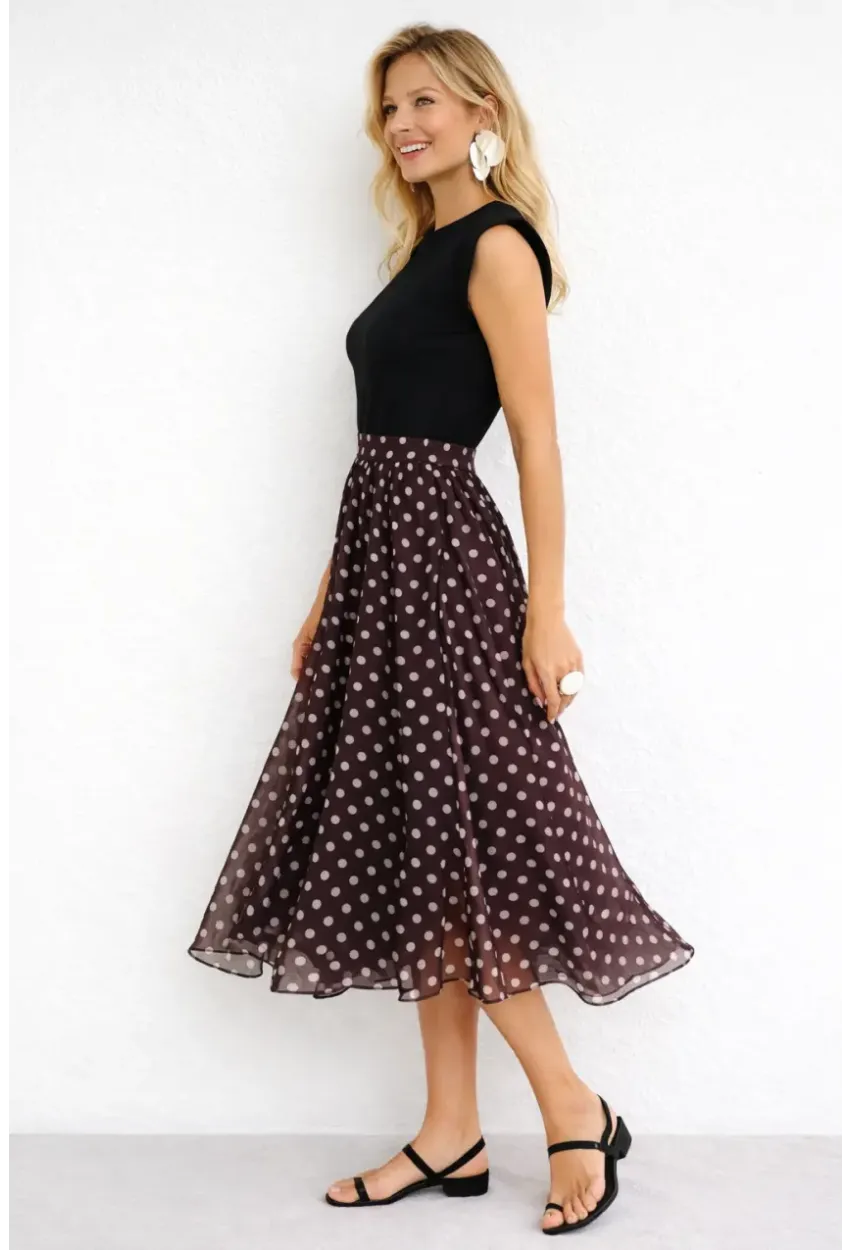 Vatkalı Omuz Detaylı Siyah Üst Puantiyeli Midi Elbise