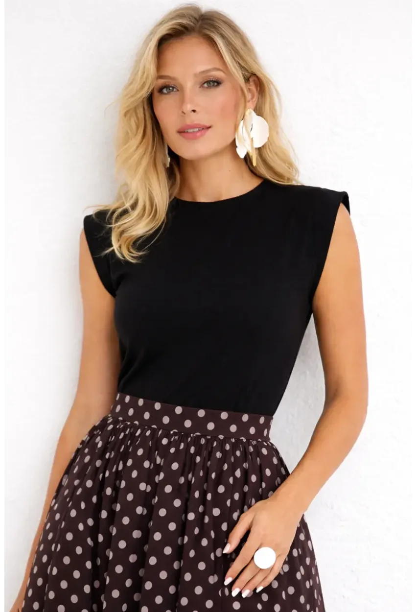 Vatkalı Omuz Detaylı Siyah Üst Puantiyeli Midi Elbise
