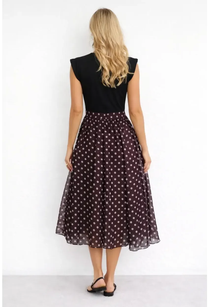 Vatkalı Omuz Detaylı Siyah Üst Puantiyeli Midi Elbise