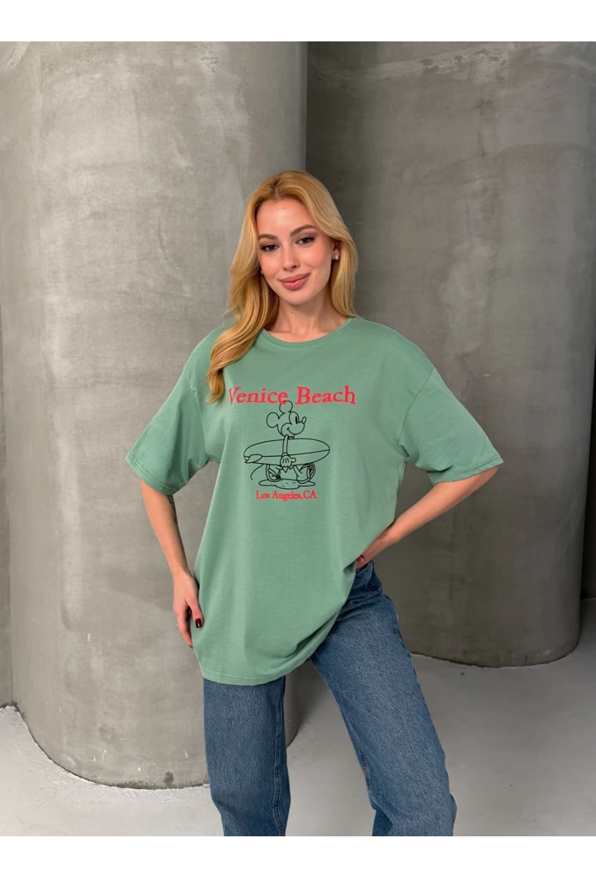 Venice Beach Baskılı Oversize Kadın Tişört – Mint Yeşil