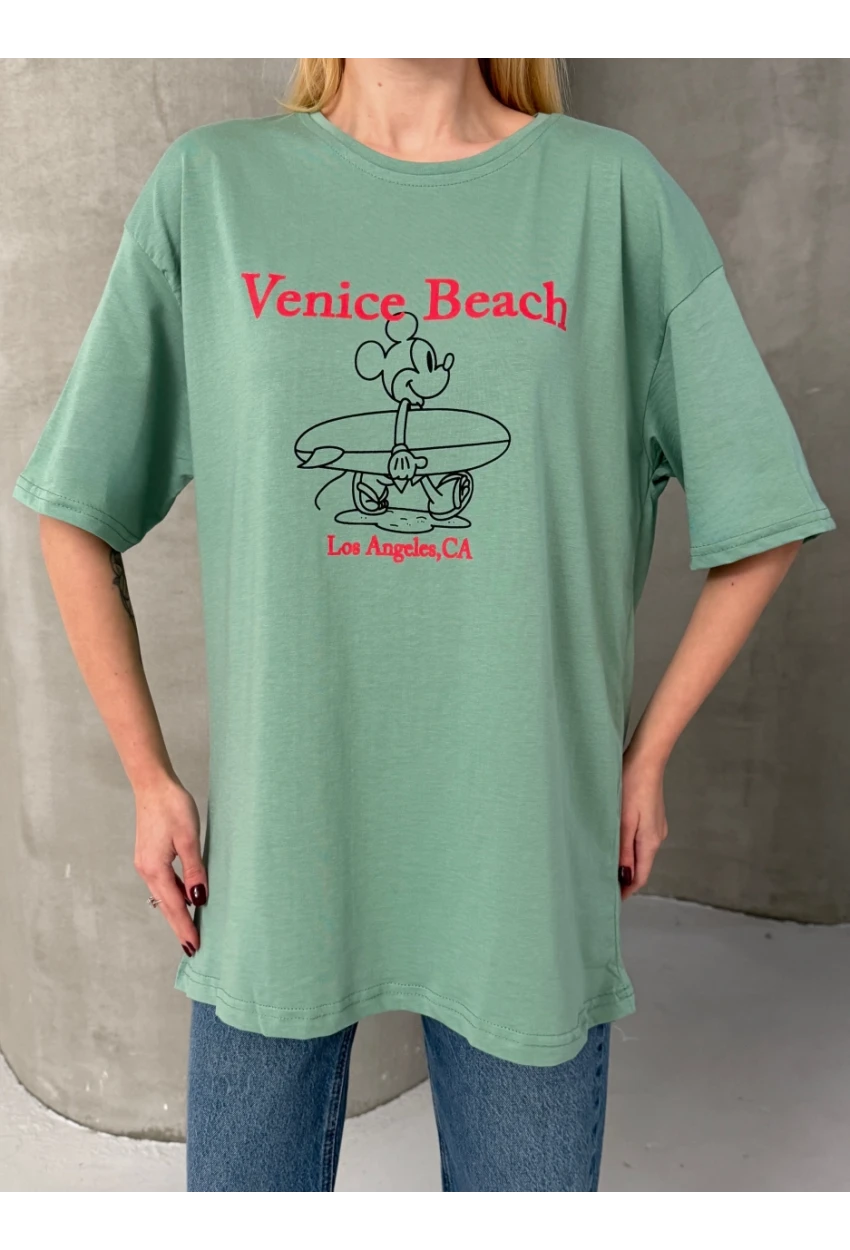 Venice Beach Baskılı Oversize Kadın Tişört – Mint Yeşil