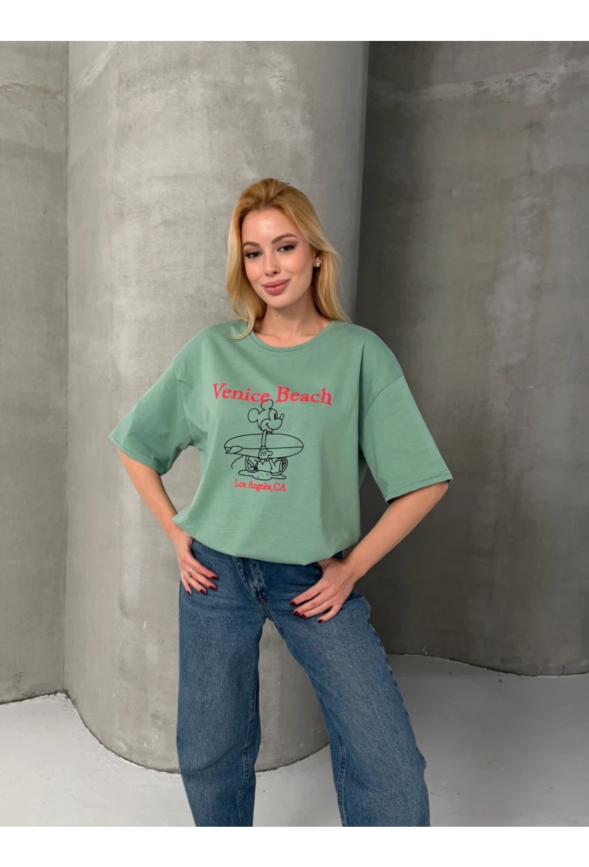 Venice Beach Baskılı Oversize Kadın Tişört – Mint Yeşil
