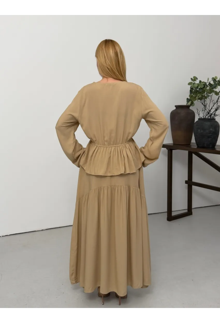 Viskon Kumaş Fermuar Detaylı Alt Üst Takım Bej