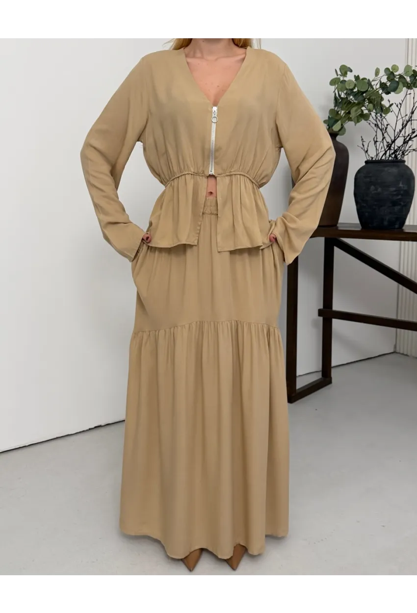 Viskon Kumaş Fermuar Detaylı Alt Üst Takım Bej