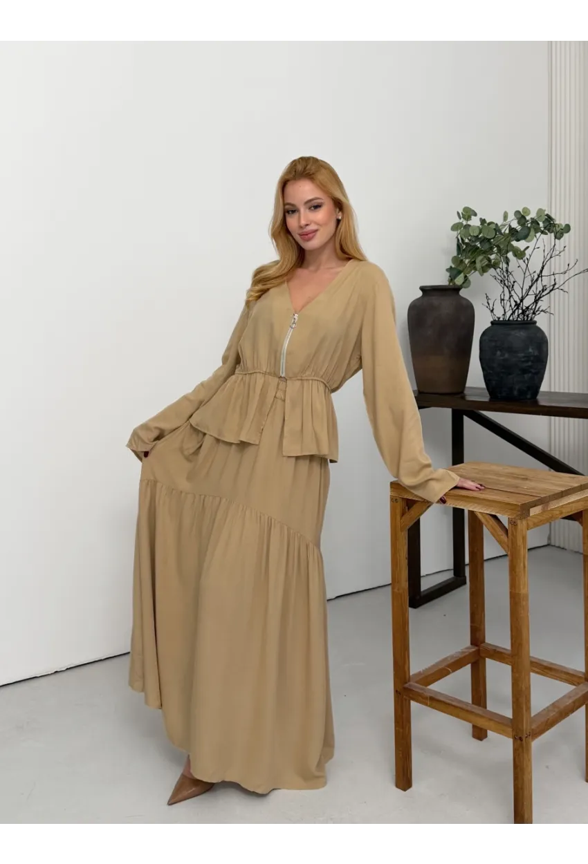 Viskon Kumaş Fermuar Detaylı Alt Üst Takım Bej