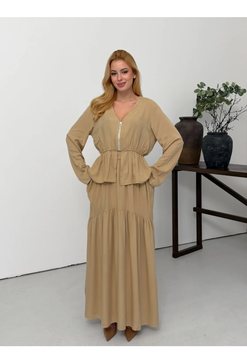 Viskon Kumaş Fermuar Detaylı Alt Üst Takım Bej