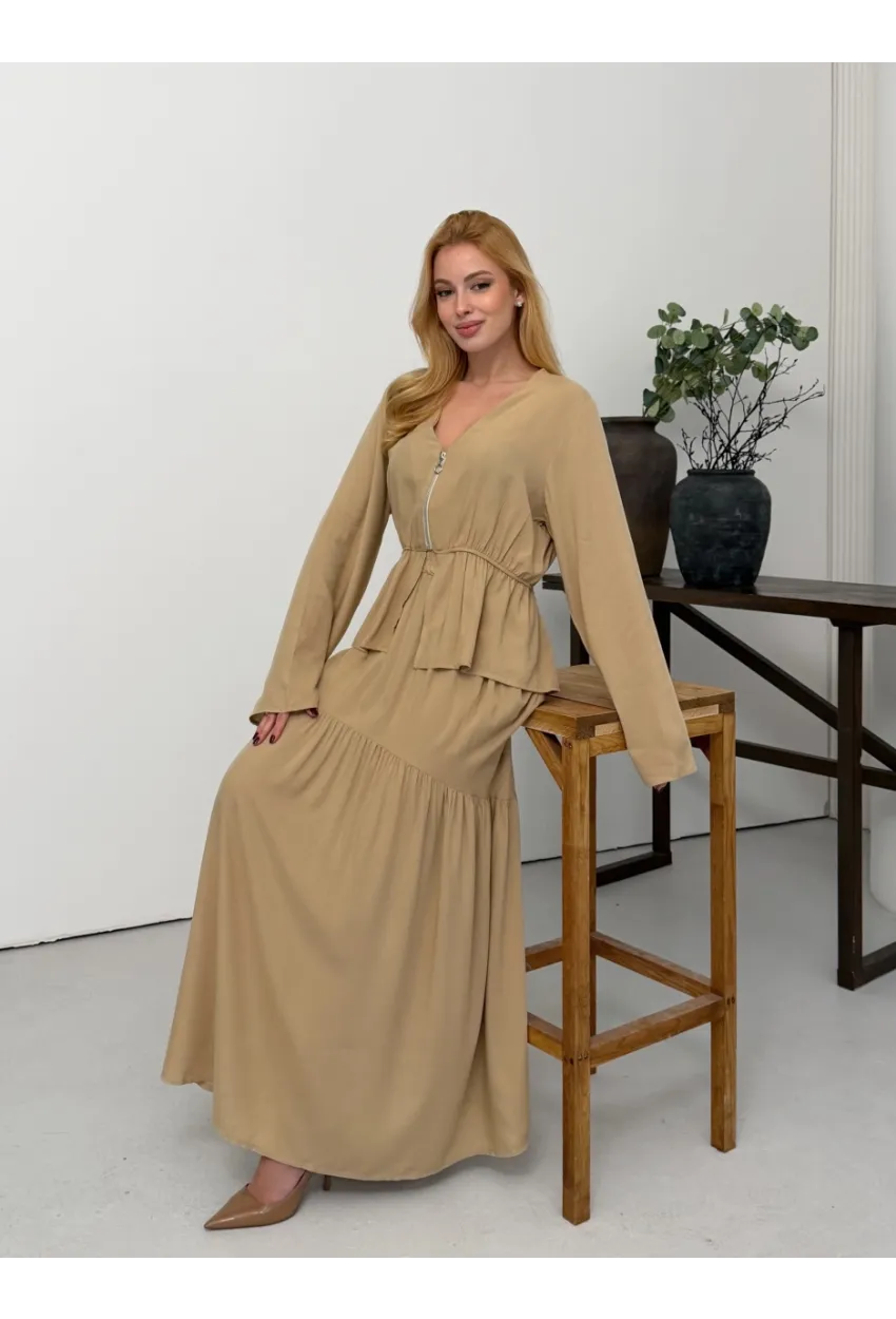 Viskon Kumaş Fermuar Detaylı Alt Üst Takım Bej