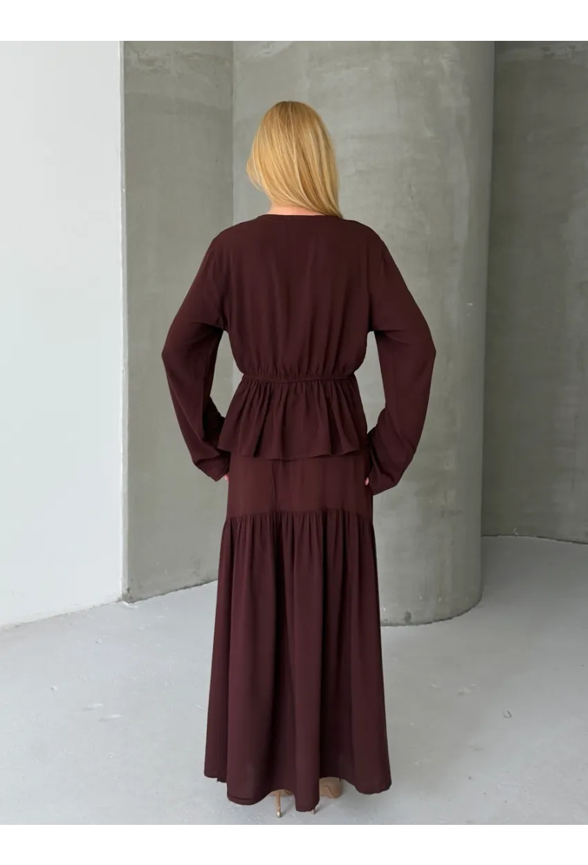 Viskon Kumaş Fermuar Detaylı Alt Üst Takım Kahve