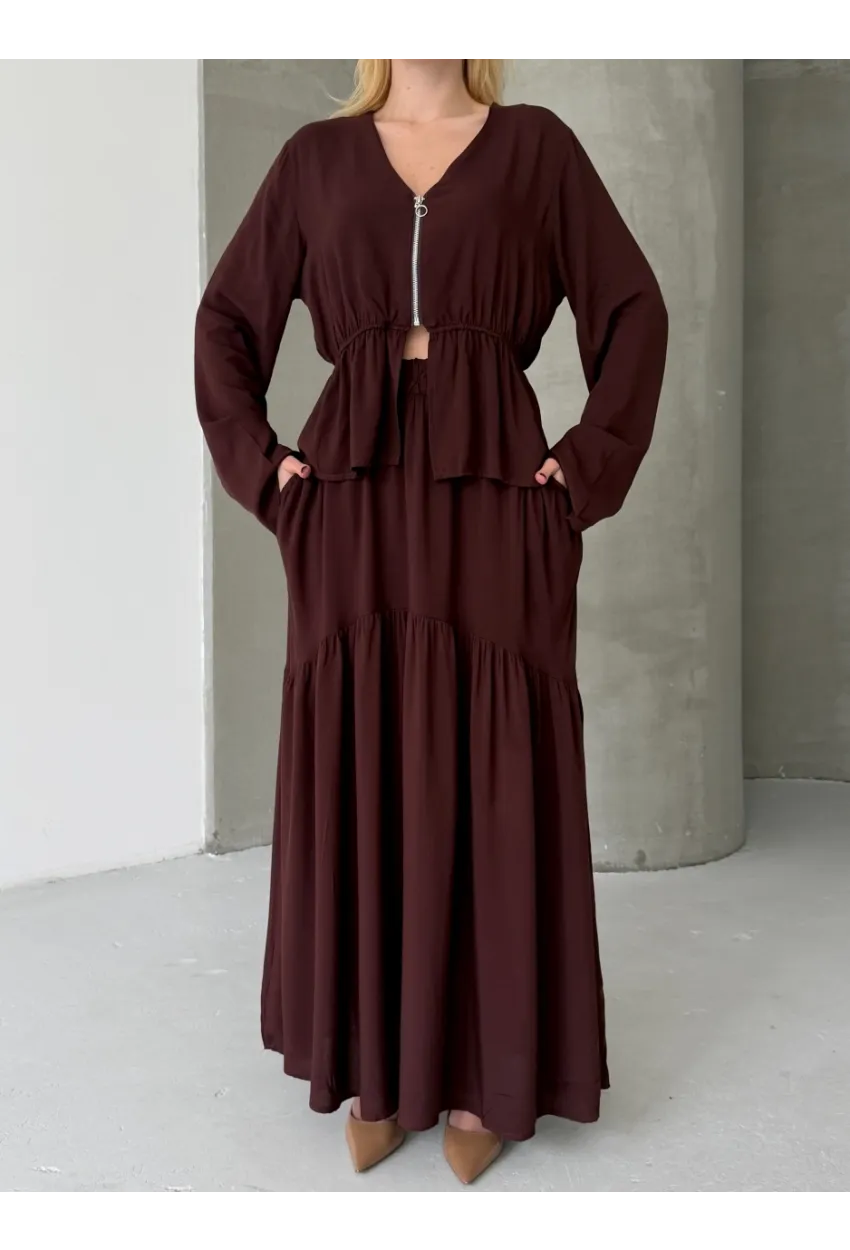 Viskon Kumaş Fermuar Detaylı Alt Üst Takım Kahve