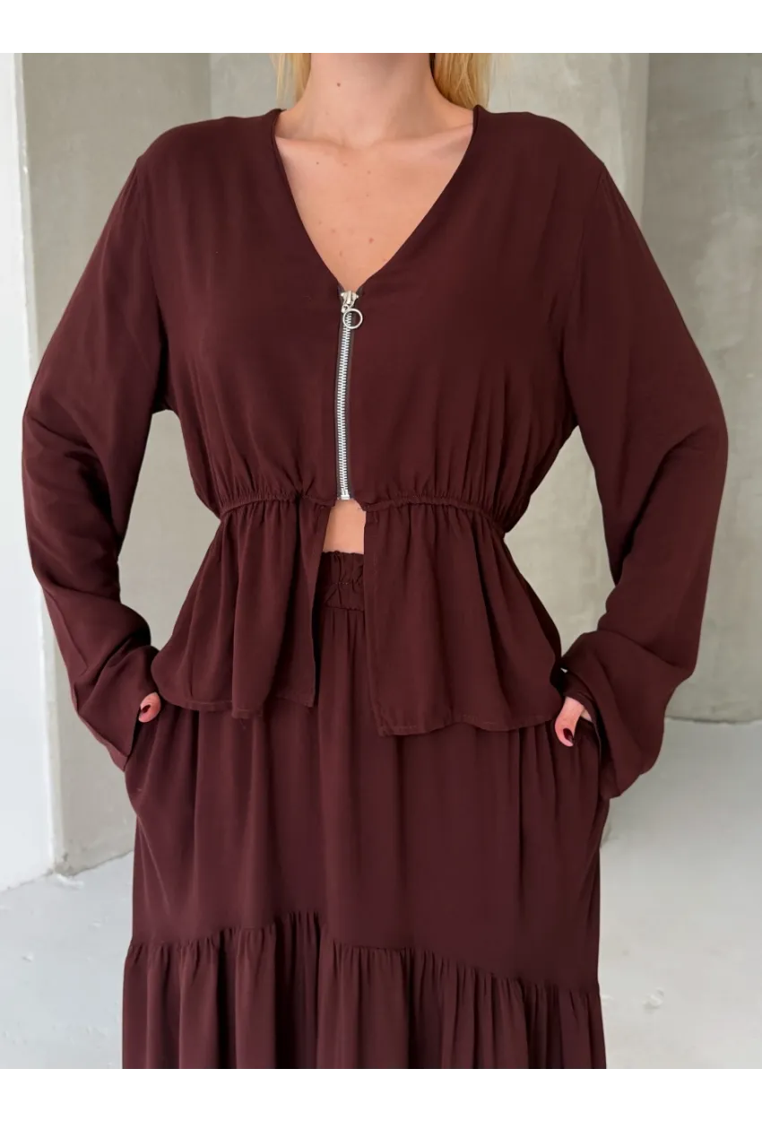 Viskon Kumaş Fermuar Detaylı Alt Üst Takım Kahve