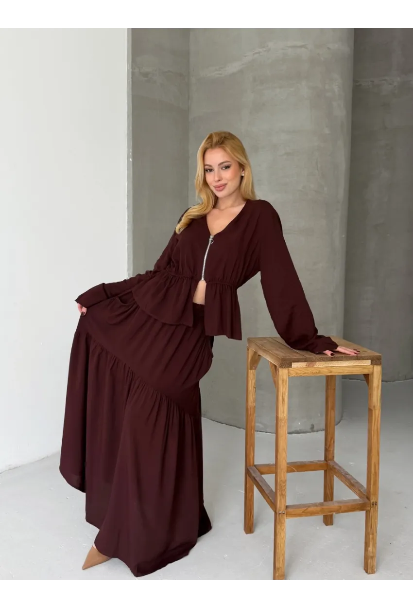 Viskon Kumaş Fermuar Detaylı Alt Üst Takım Kahve