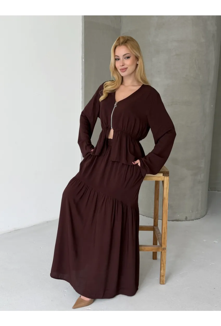 Viskon Kumaş Fermuar Detaylı Alt Üst Takım Kahve