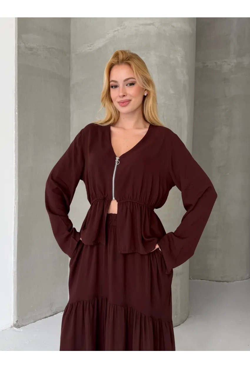 Viskon Kumaş Fermuar Detaylı Alt Üst Takım Kahve