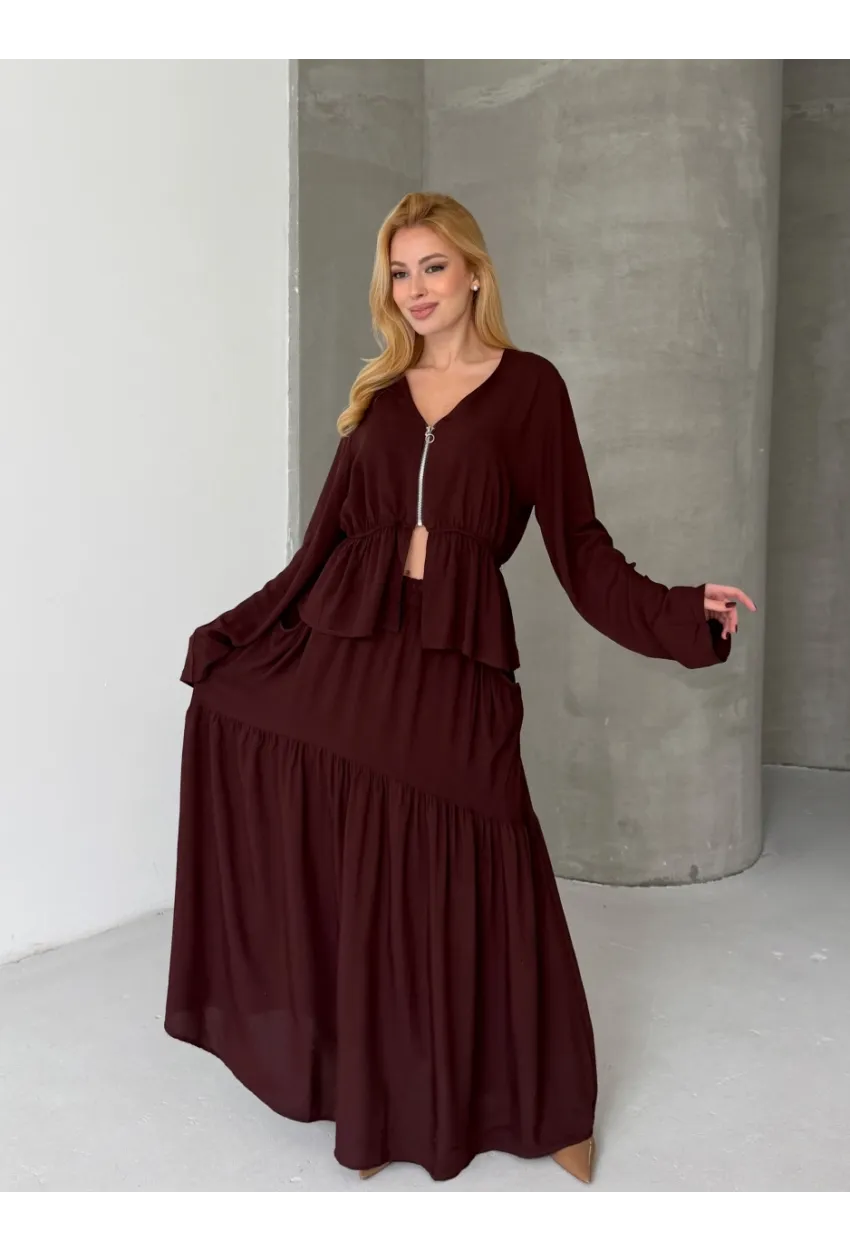 Viskon Kumaş Fermuar Detaylı Alt Üst Takım Kahve