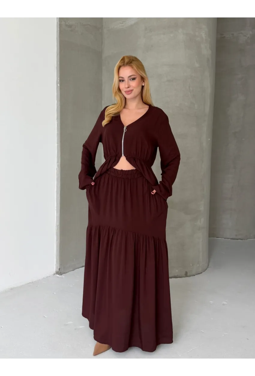 Viskon Kumaş Fermuar Detaylı Alt Üst Takım Kahve