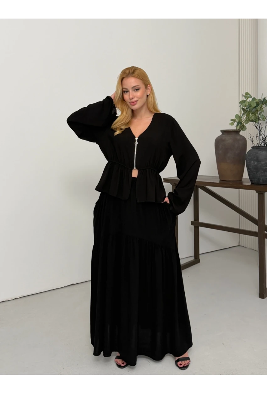 Viskon Kumaş Fermuar Detaylı Alt Üst Takım Siyah