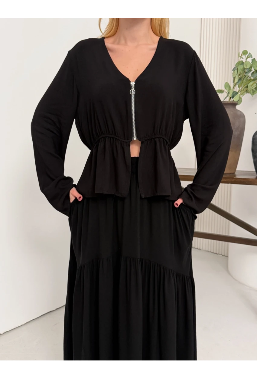 Viskon Kumaş Fermuar Detaylı Alt Üst Takım Siyah