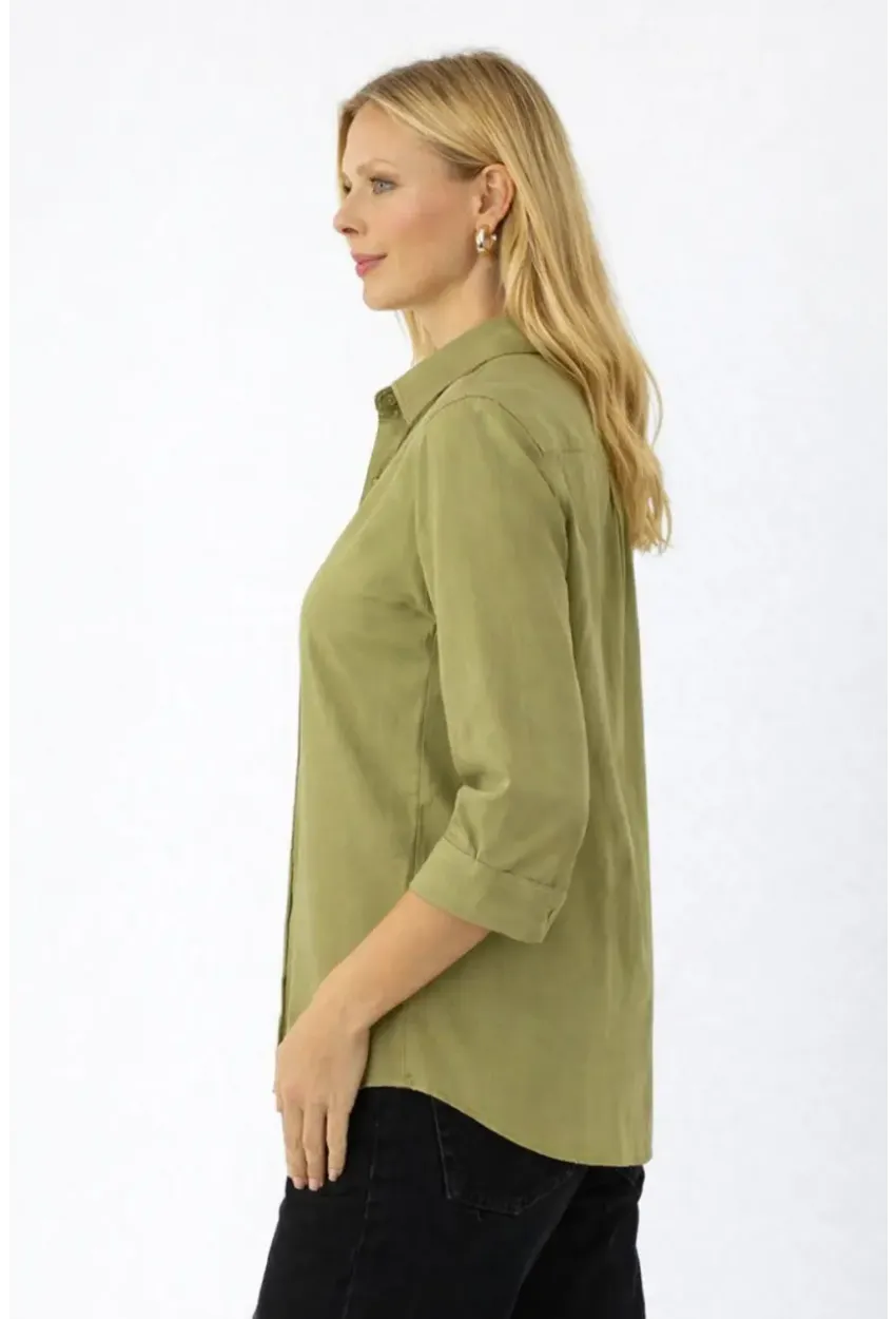 Yağ Yeşili V Yaka Düğmeli Kadın Gömlek – Rahat Kesim, Günlük & Şık Stil