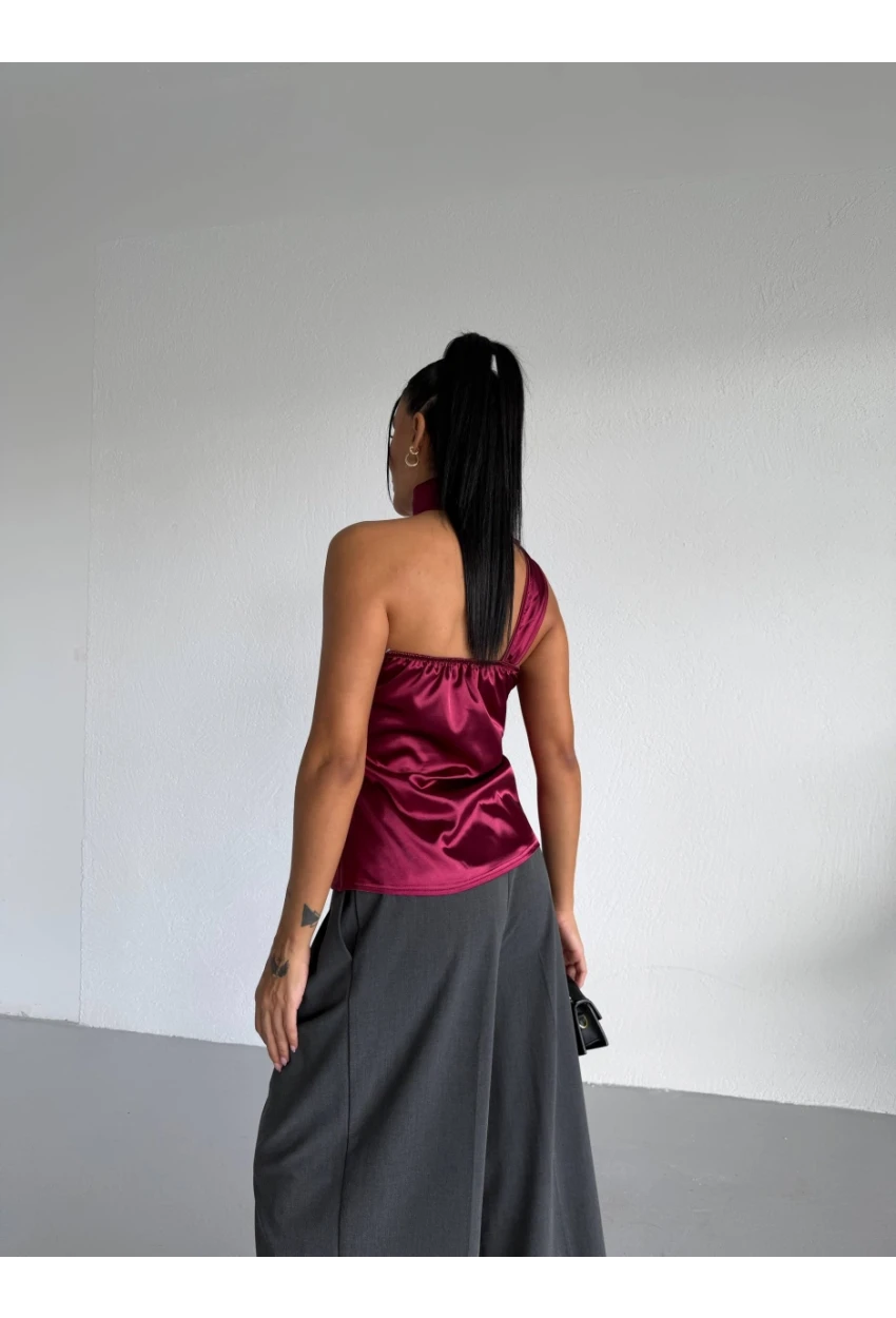 Yaka Detay Saten Bluz Bordo