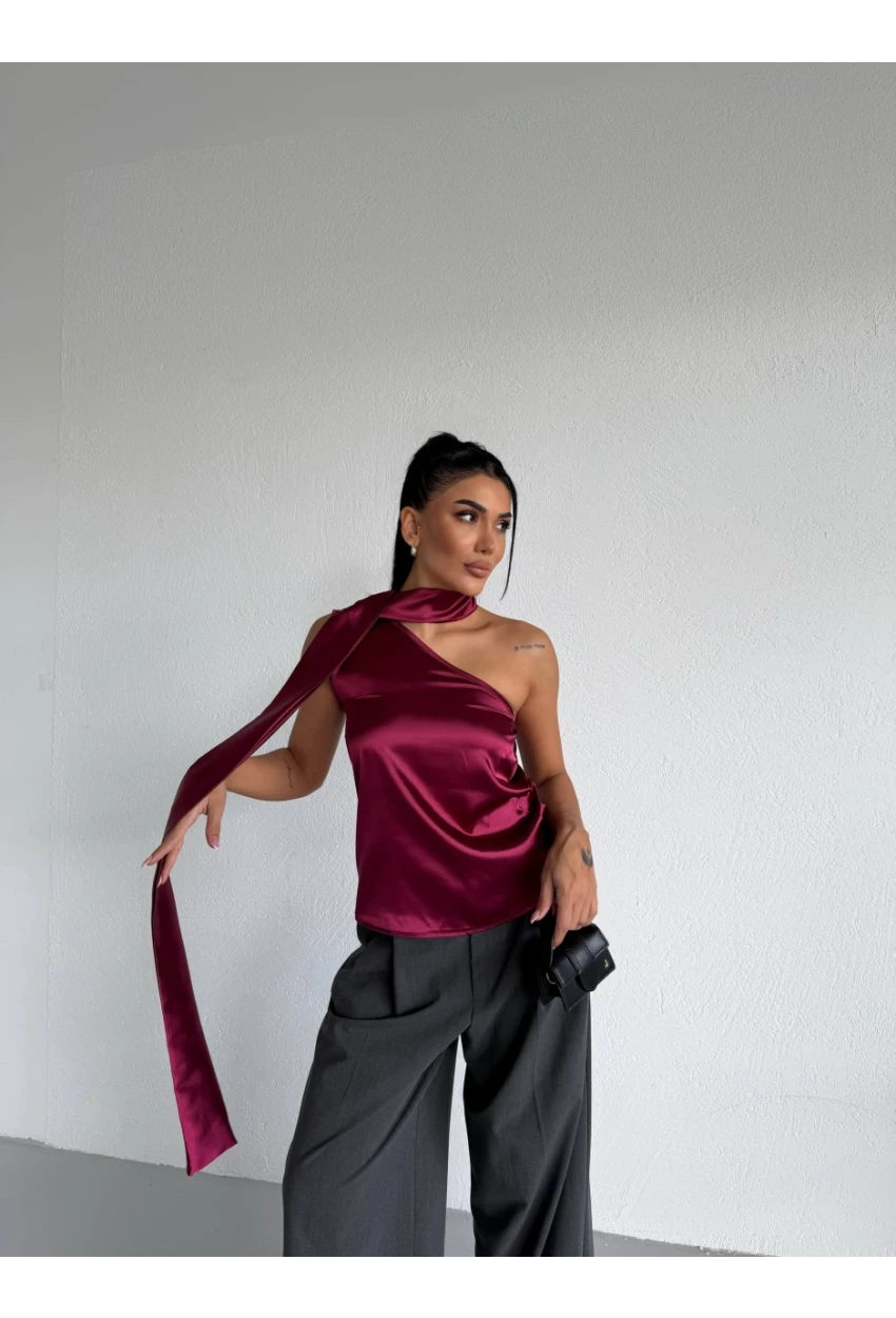 Yaka Detay Saten Bluz Bordo