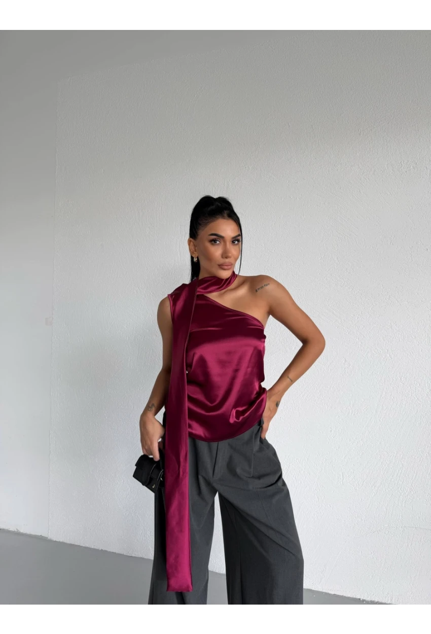 Yaka Detay Saten Bluz Bordo